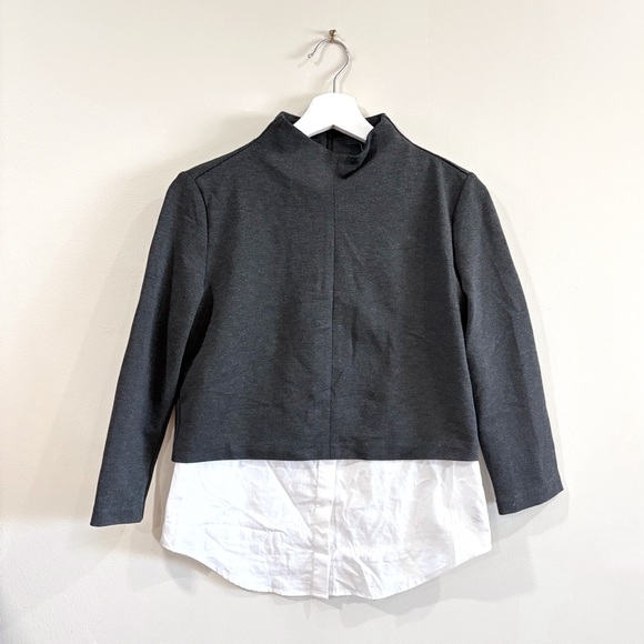 Theory Gray White Layered Look Blouse Women’s Small Long Sleeve Mock Neck - Picture 1 of 8